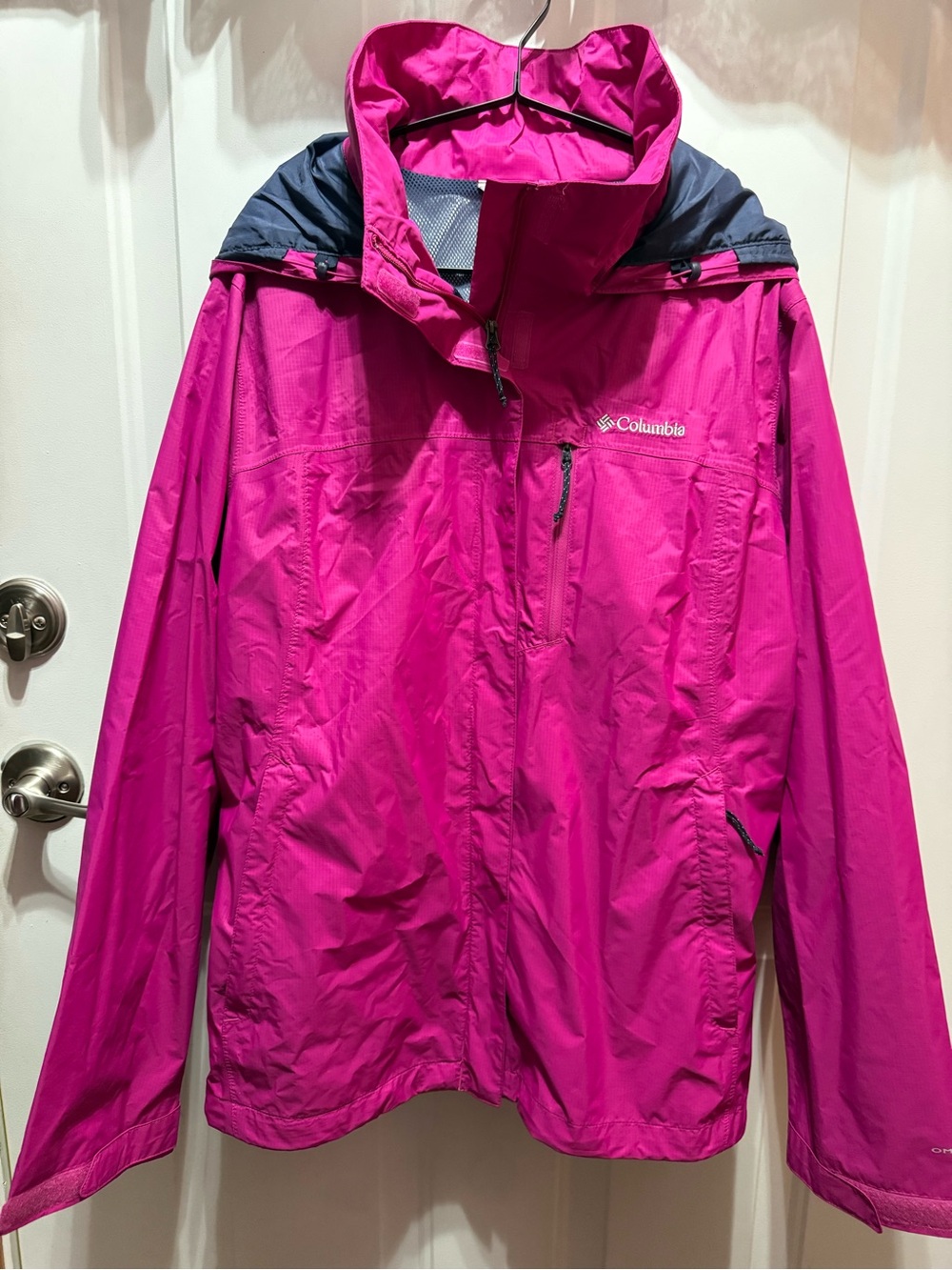 Columbia Women's Fuchsia with Navy Trim Hooded Waterproof Jacket XL